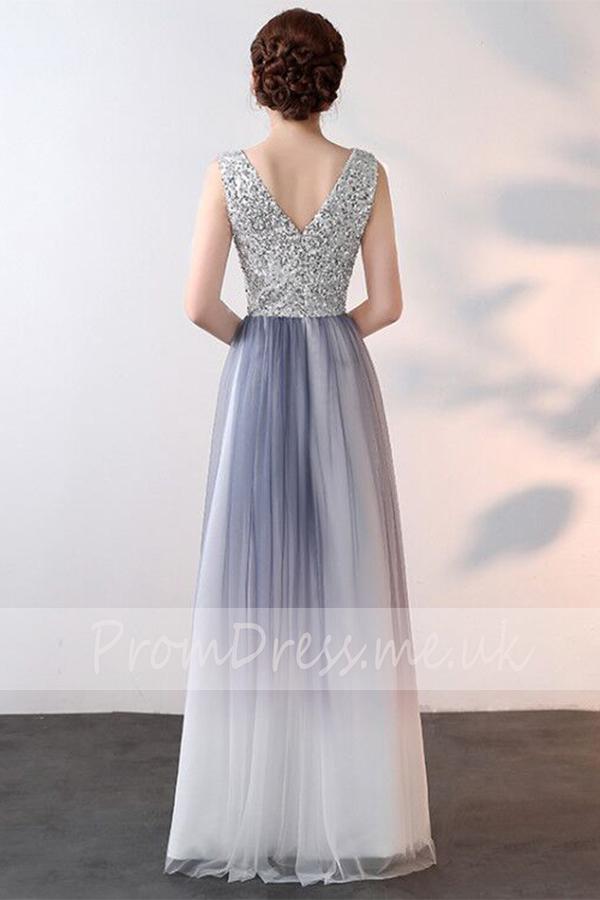 Elegant A-Line Ombre Tulle Beads V-Neck Sleeveless Open Back Prom Dresses WK536