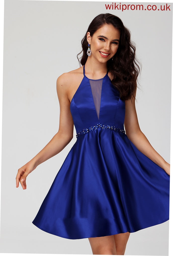 Homecoming Satin Short/Mini Homecoming Dresses Sequins Rosalind Dress With Scoop Neck Beading A-Line