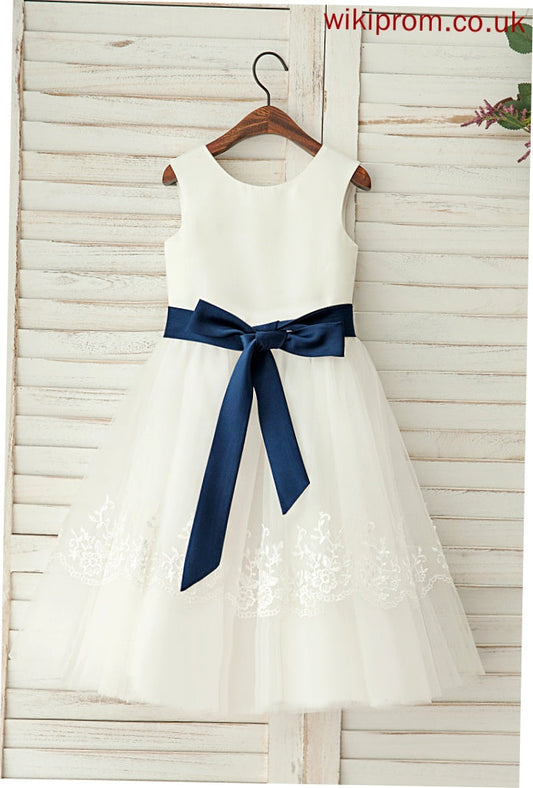 Flower A-Line/Princess Girl Kaiya Flower Girl Dresses Neck Scoop - Satin/Lace Tea-length Sash With Sleeveless Dress