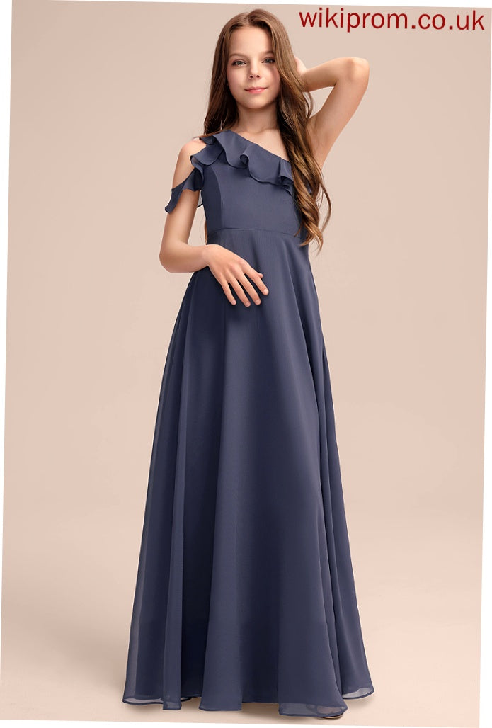 Ruffles With Floor-Length Junior Bridesmaid Dresses A-Line Cascading One-Shoulder Chiffon Sloane