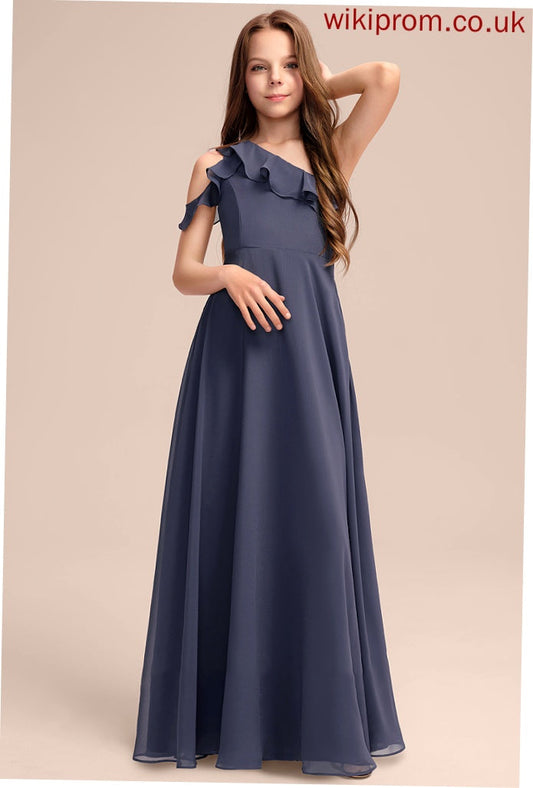 Ruffles With Floor-Length Junior Bridesmaid Dresses A-Line Cascading One-Shoulder Chiffon Sloane