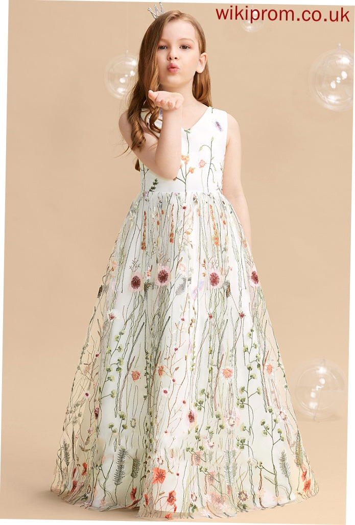 With - Girl V-neck Jacquard Flower Girl Dresses Phoenix Flower(s)/Bow(s) A-Line Flower Floor-length Dress Sleeveless