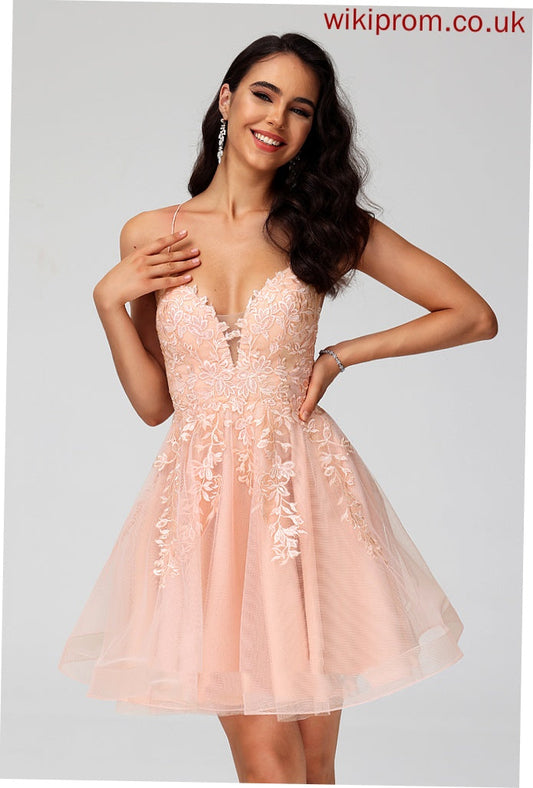 With Short/Mini Homecoming Lace A-Line Tulle V-neck Dress Sequins Madilynn Homecoming Dresses