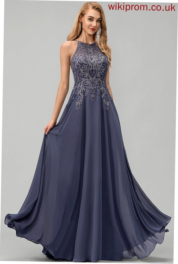 Lace With A-Line Scoop Chiffon Prom Dresses Floor-Length Sequins Kelsie