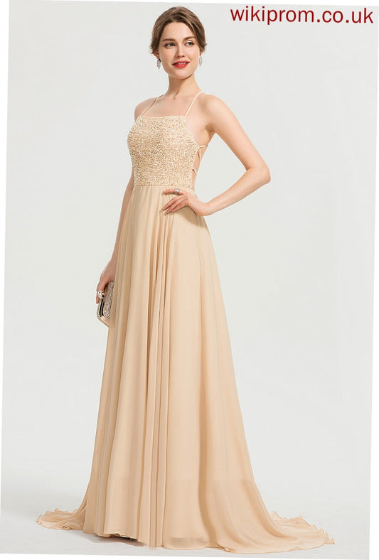 Square Train Sequins With Chiffon A-Line Gabrielle Beading Sweep Prom Dresses