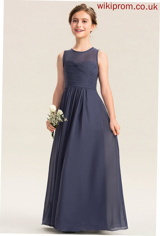 A-Line Floor-Length Parker Chiffon Ruffle Neck With Scoop Junior Bridesmaid Dresses