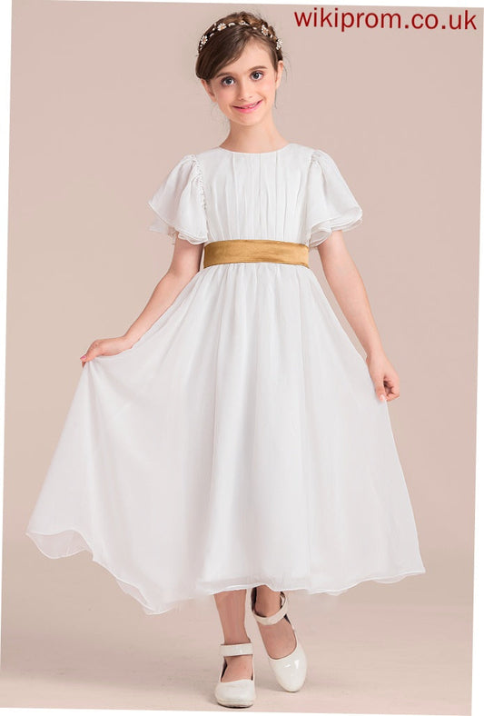 A-Line Neck Scoop Junior Bridesmaid Dresses Chiffon With Ruffle Sash Amiah Tea-Length