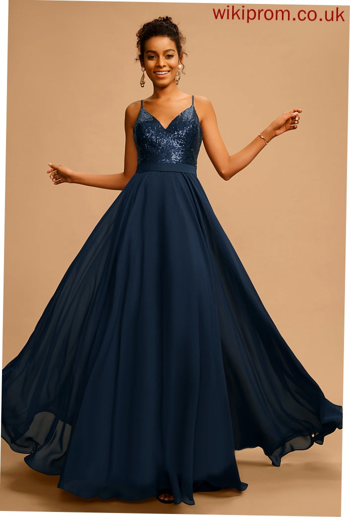 Prom Dresses Zara V-neck With Floor-Length Sequins Chiffon A-Line Sequined