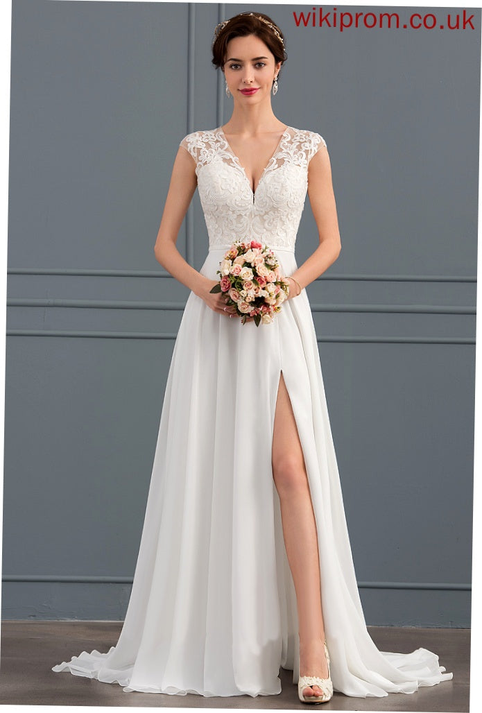 Split With Kassidy Lace Dress Chiffon A-Line Train Sweep V-neck Front Wedding Dresses Wedding