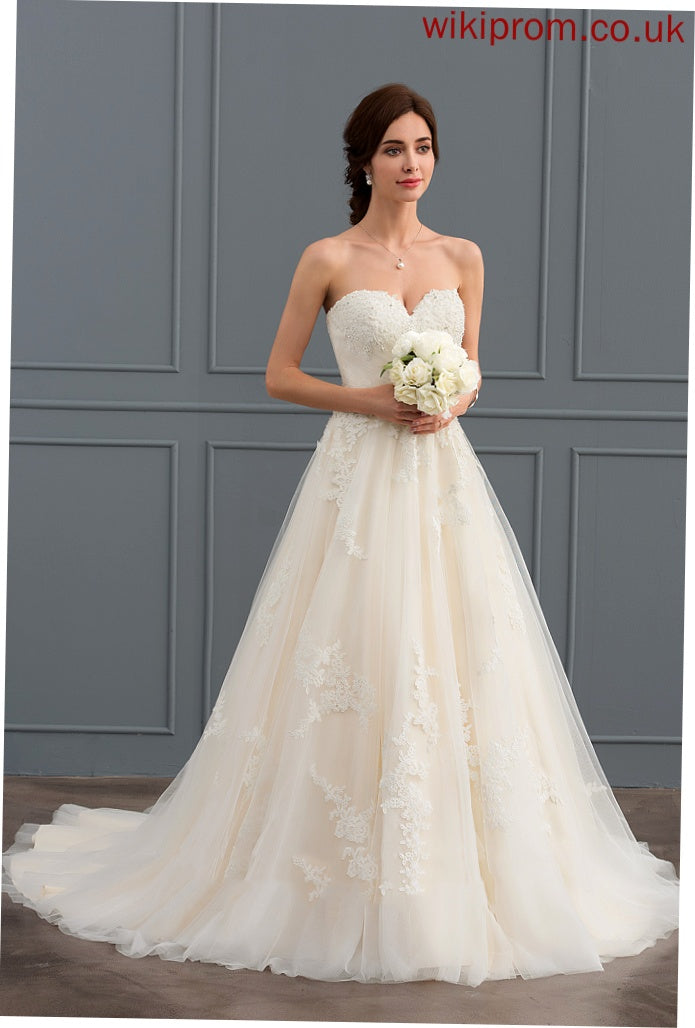 Krystal Wedding Dresses Ball-Gown/Princess Sweetheart Tulle With Court Train Lace Ruffle Dress Wedding Beading