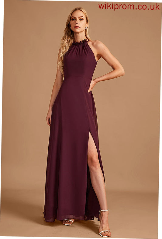 Neckline Floor-Length Fabric SplitFront HighNeck Silhouette Embellishment A-Line Length Aleah Spaghetti Staps A-Line/Princess Bridesmaid Dresses