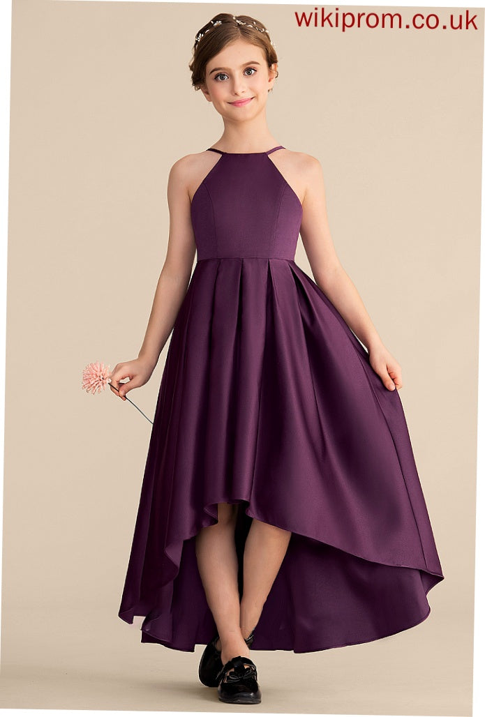 Satin With Neck Asymmetrical Scoop A-Line Ruffle Junior Bridesmaid Dresses Diana