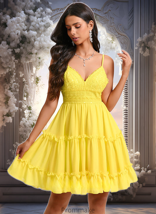 Raven A-line V-Neck Short Chiffon Homecoming Dress With Ruffle Sequins DUP0025700