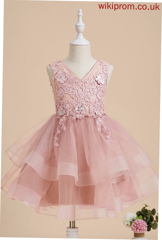 With Thelma Flower Girl - Beading/Flower(s)/Sequins Sleeveless Knee-length Tulle/Lace V-neck Dress A-Line Flower Girl Dresses