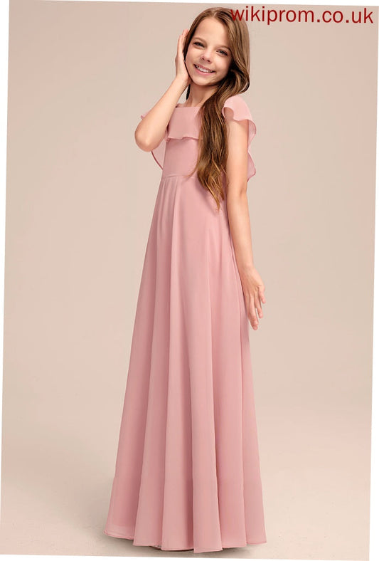 Chiffon Floor-Length Junior Bridesmaid Dresses Henrietta Ruffles A-Line With Scoop Neck Cascading