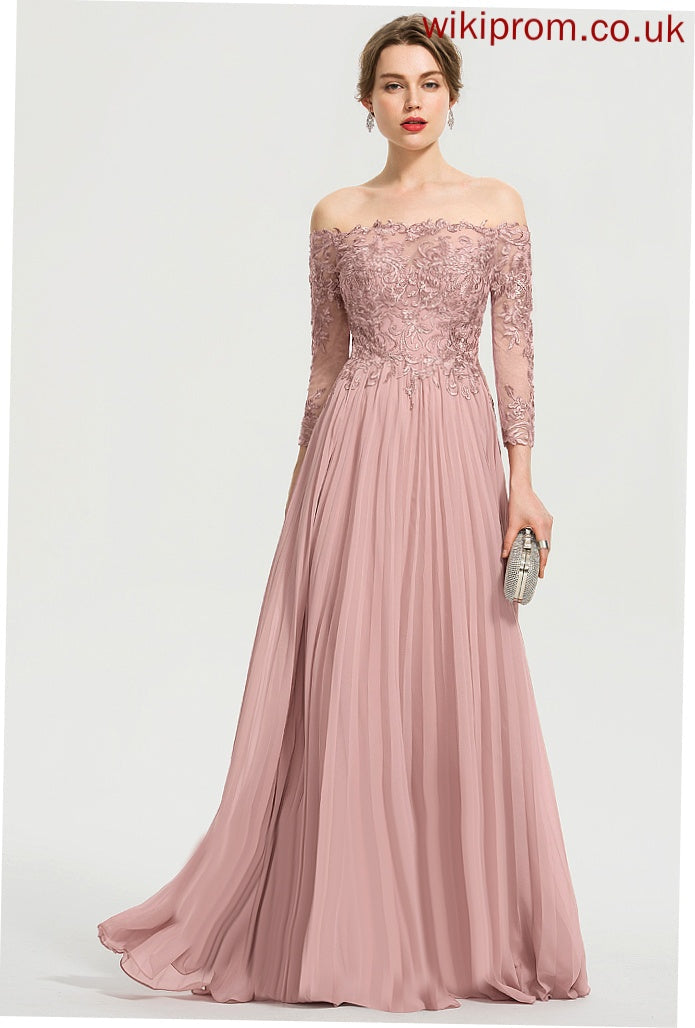 Sequins Chiffon Melissa Pleated Off-the-Shoulder Prom Dresses With Floor-Length Lace Ball-Gown/Princess