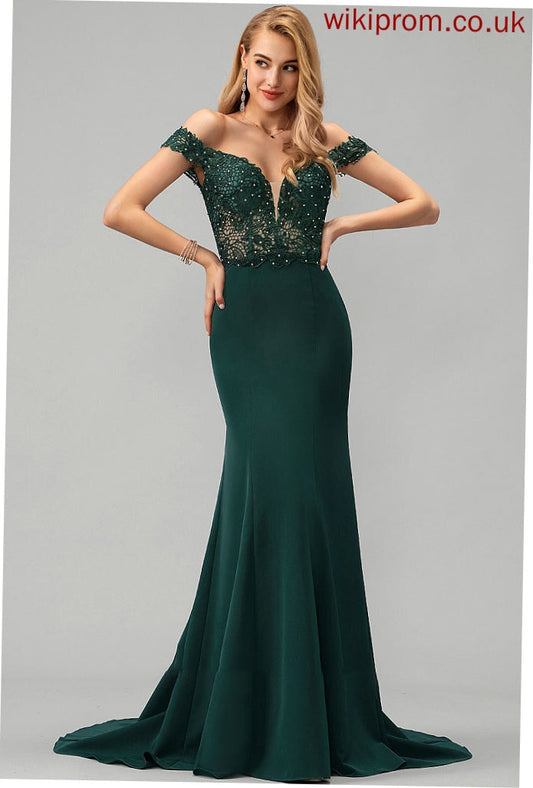 Trumpet/Mermaid Beading Lace Prom Dresses Train Crepe Sweep Sequins Melanie With Stretch Off-the-Shoulder