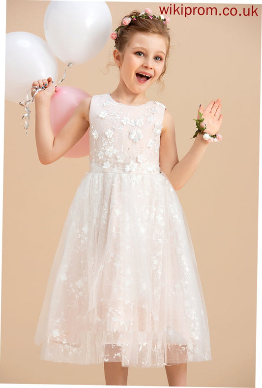 Beading/Flower(s) Girl - Tulle/Lace Scoop Tea-length Dress Sleeveless Flower Flower Girl Dresses A-Line With Alexandra Neck