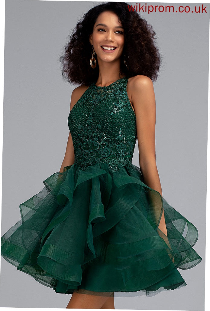 Ball-Gown/Princess Short/Mini Homecoming Kamari Sequins Neck Dress Lace With Homecoming Dresses Scoop Tulle