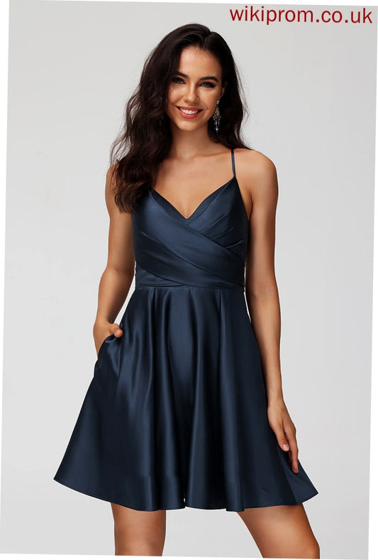 Avery With Dress A-Line Short/Mini Homecoming Dresses Homecoming Satin Pleated V-neck