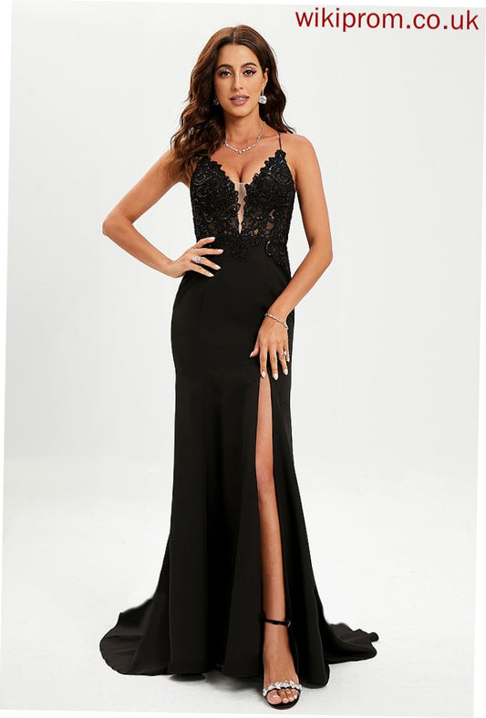 With Trumpet/Mermaid Crepe Stretch Lace V-neck Miranda Sweep Sequins Train Prom Dresses