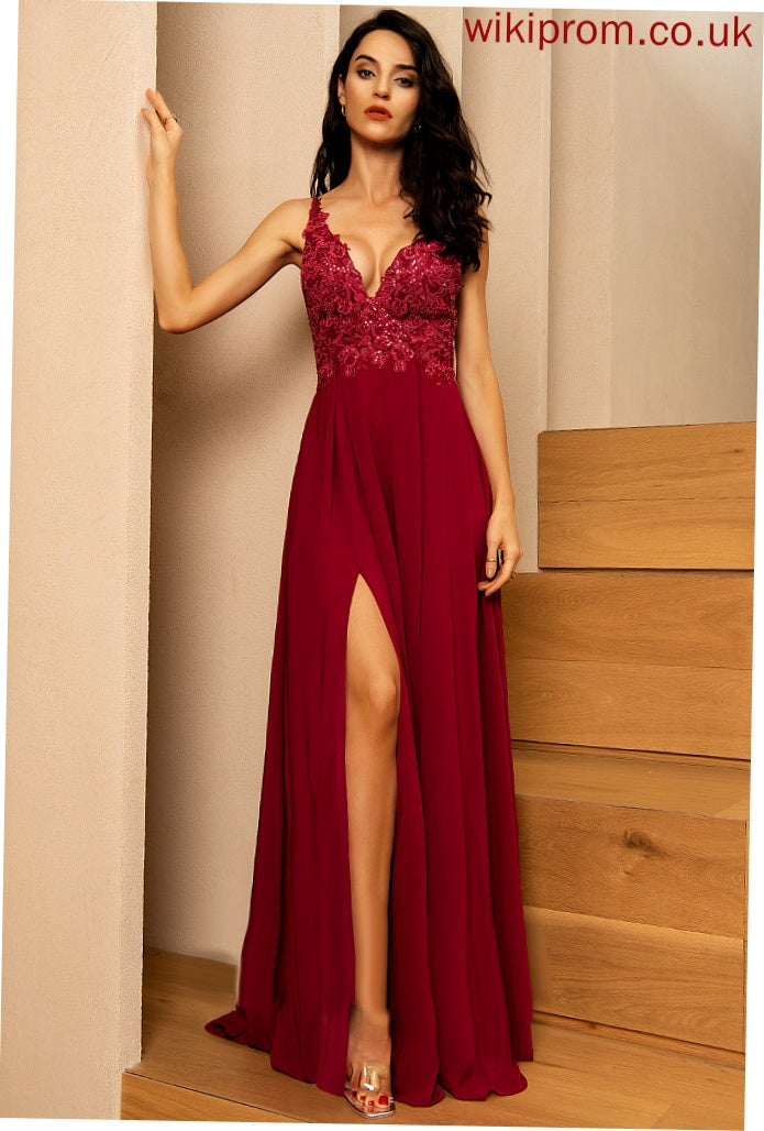 Prom Dresses Frances V-neck Sequins A-Line Floor-Length With Chiffon