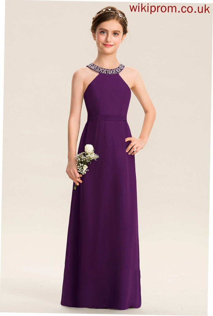 Floor-Length Beading A-Line With Scoop Hazel Neck Bow(s) Chiffon Junior Bridesmaid Dresses