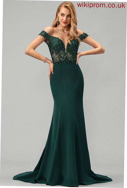 Train Beading Sequins Crepe Hortensia With Prom Dresses Trumpet/Mermaid Off-the-Shoulder Stretch Sweep