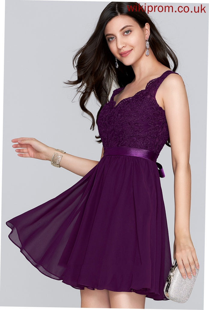 With A-Line V-neck Homecoming Dresses Bow(s) Homecoming Maddison Chiffon Short/Mini Lace Dress