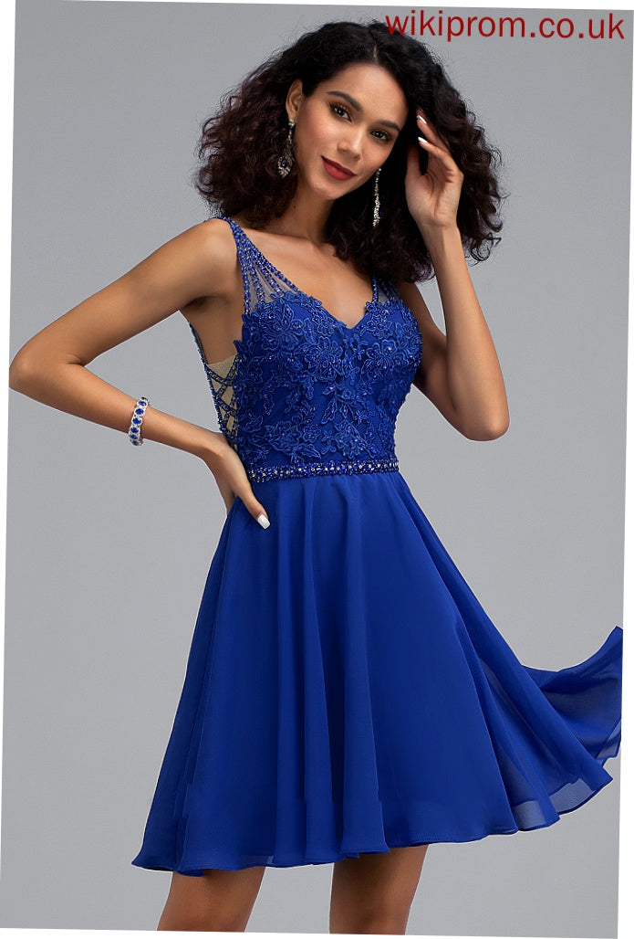 V-neck A-Line Short/Mini Joslyn Chiffon Homecoming Dresses Homecoming Beading Lace With Dress