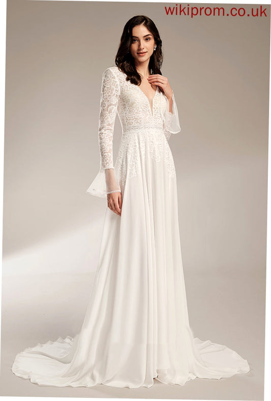 V-neck Wedding With Amani Wedding Dresses A-Line Ruffle Lace Train Chiffon Court Dress