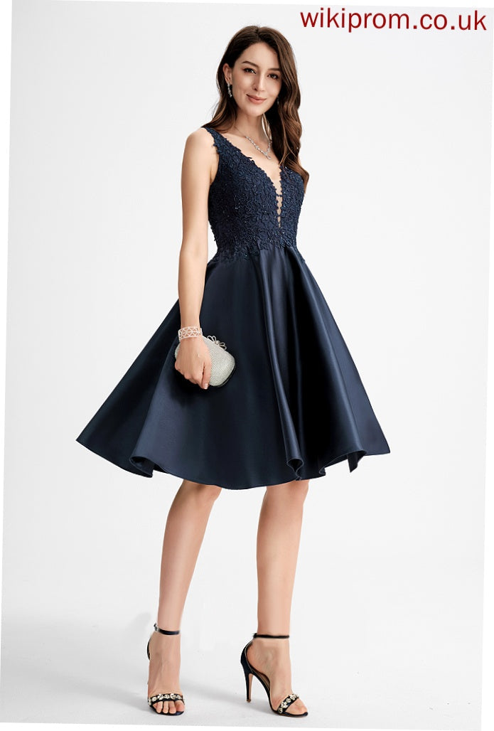 Beading Homecoming Lace Dress Anaya A-Line Knee-Length With Satin V-neck Homecoming Dresses