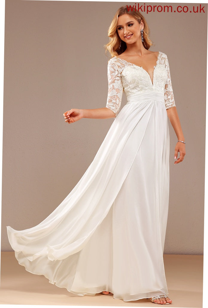 Katharine V-neck Floor-Length Lace Ruffle Wedding Dresses With Wedding Sequins A-Line Dress Chiffon