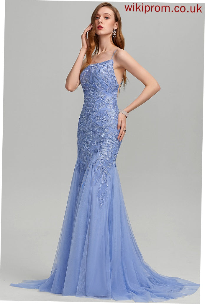 Square Sequins Train Trumpet/Mermaid Neckline Tulle Jennifer With Sweep Prom Dresses