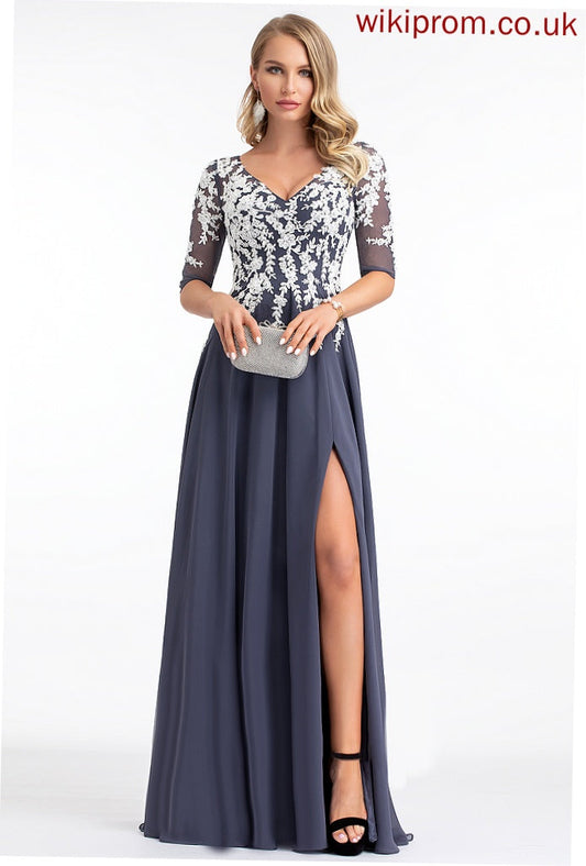 Cameron Floor-Length Prom Dresses Chiffon Lace A-Line V-neck