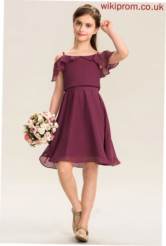 Off-the-Shoulder Junior Bridesmaid Dresses Chiffon Cascading With Knee-Length Bow(s) Ruffles Annika A-Line