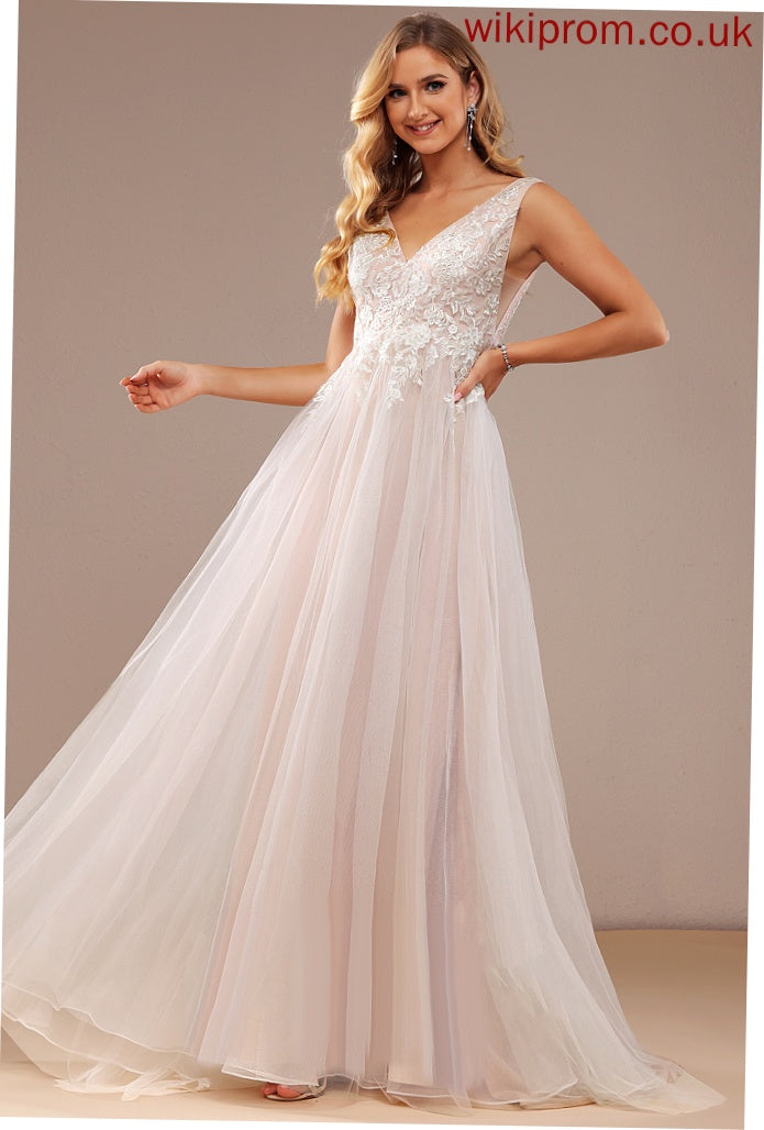 Train Tulle Ball-Gown/Princess Lace Maya Lace Wedding Dresses Sweep Wedding V-neck Dress With