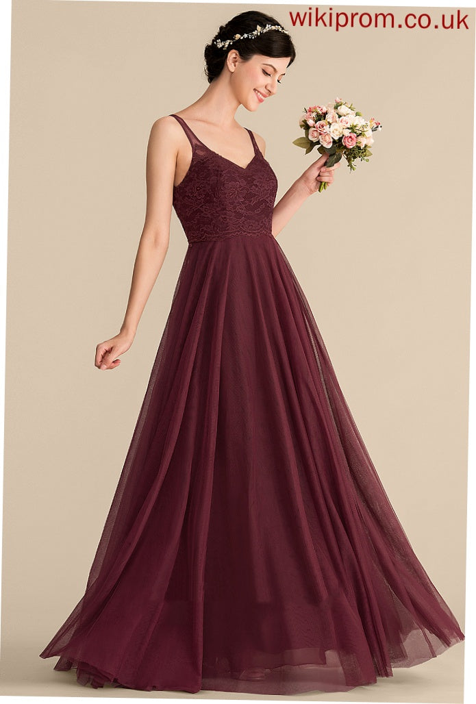 A-Line Silhouette Lace Length Straps Fabric V-neck Floor-Length Tulle Neckline Kennedi A-Line/Princess Bridesmaid Dresses