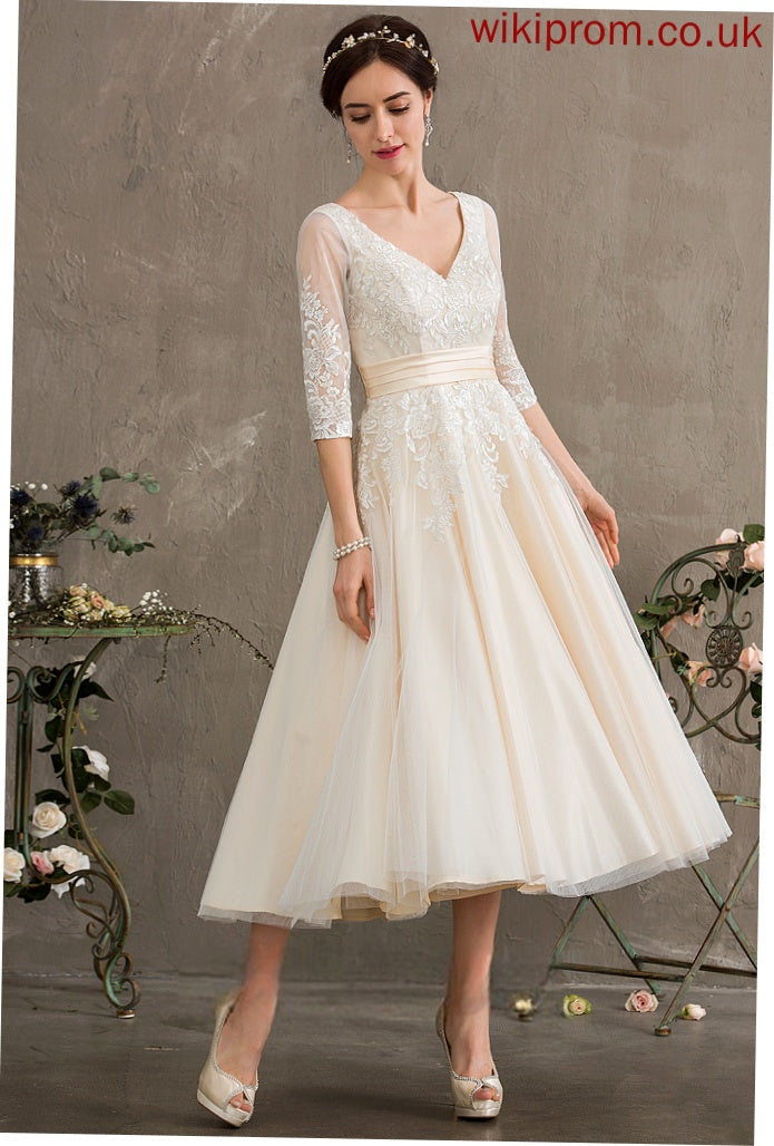 Tea-Length Tulle Dress Alisa Wedding Dresses Ball-Gown/Princess Lace Wedding V-neck