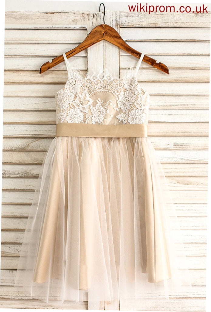 With Knee-Length Junior Bridesmaid Dresses Alaina Neckline Sash Tulle Square Bow(s) A-Line