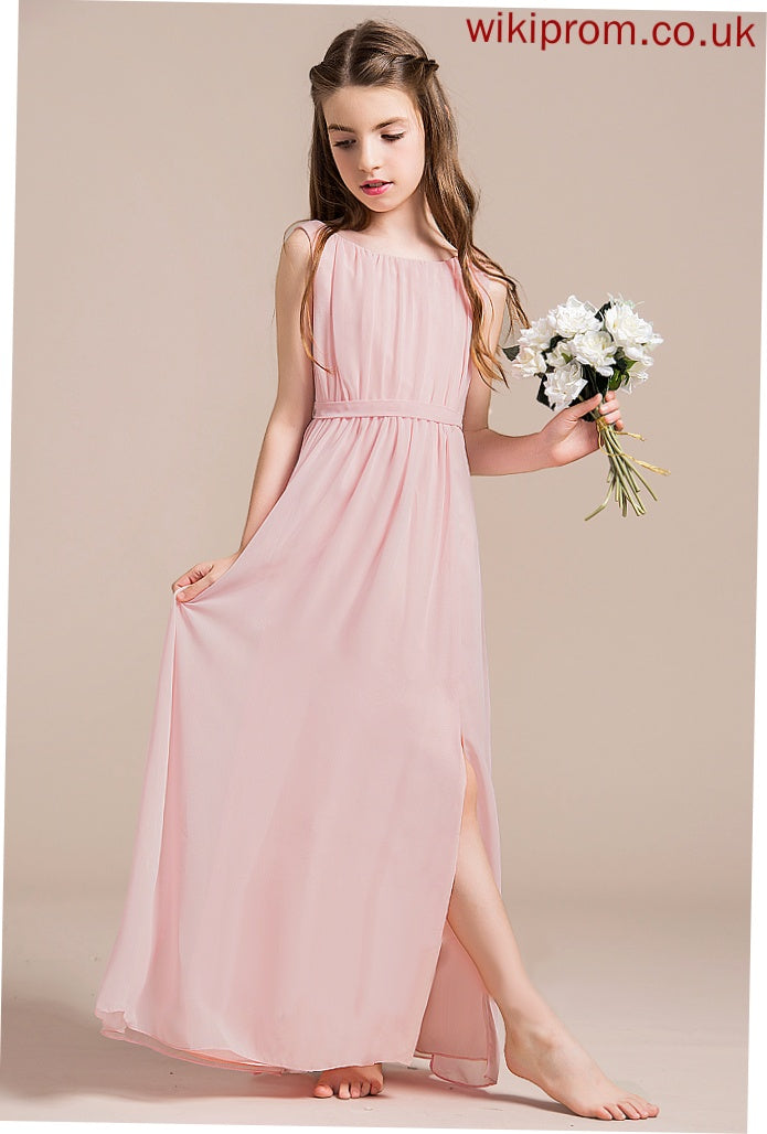 Neck Scoop Front A-Line Junior Bridesmaid Dresses With Floor-Length Split Ruffle Chiffon Kaylie