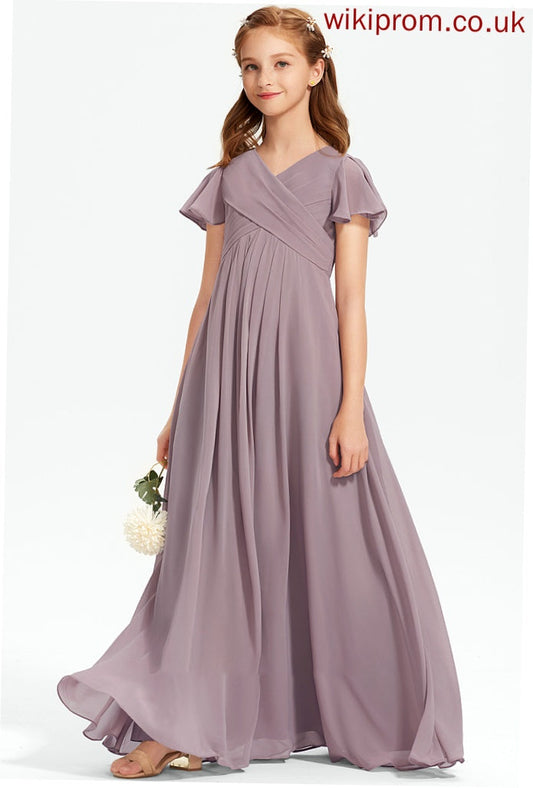 Sanaa Chiffon Junior Bridesmaid Dresses V-neck With Ruffle Floor-Length A-Line