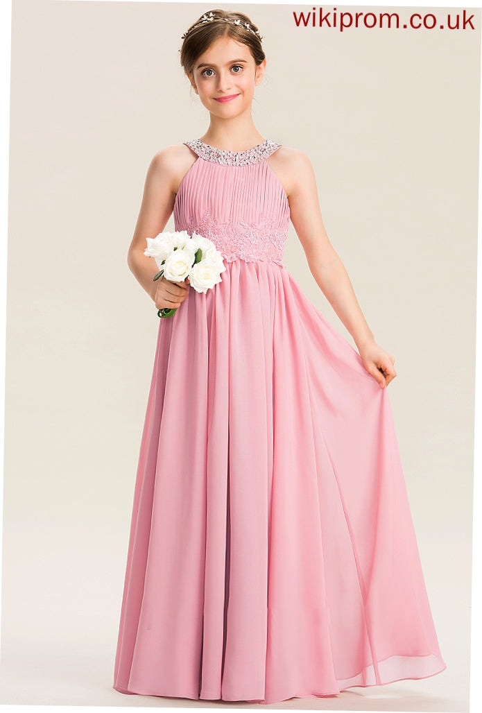 Sequins Neck Heidy Beading With Lace Scoop Floor-Length A-Line Ruffle Junior Bridesmaid Dresses Chiffon