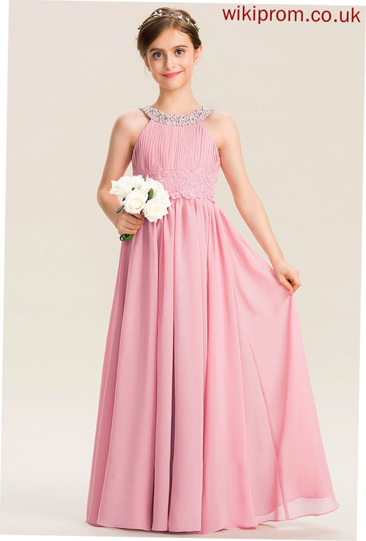 Sequins Neck Heidy Beading With Lace Scoop Floor-Length A-Line Ruffle Junior Bridesmaid Dresses Chiffon