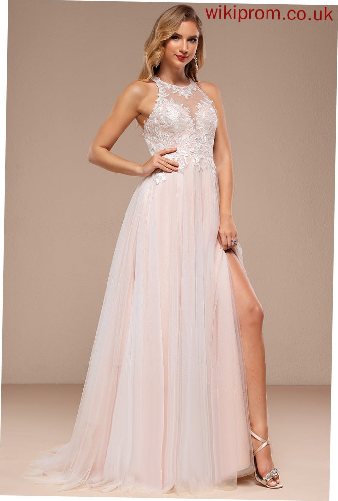 A-Line Dress Marlee Lace Sweep Beading Halter Sequins Wedding Train Wedding Dresses Tulle With