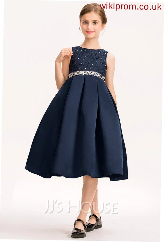 A-Line Lace Satin With Scoop Beading Bow(s) Junior Bridesmaid Dresses Caitlyn Knee-Length Neck