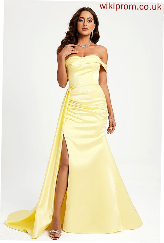 With Ruffle Prom Dresses Off-the-Shoulder Train Sweep Satin Dakota Trumpet/Mermaid