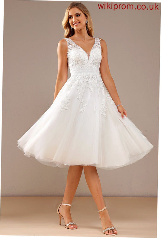 Knee-Length V-neck Wedding Wedding Dresses A-Line Lace Dress Brianna Tulle