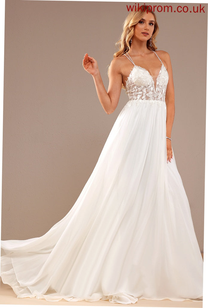 Sequins Wedding Sweep Train Dress V-neck Chiffon Beading With A-Line Wedding Dresses Lace Leanna