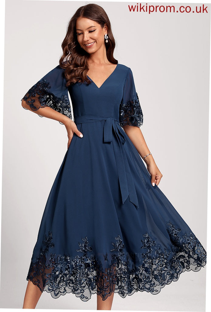 Novia Lace Club Dresses With Tea-Length Chiffon Cocktail A-Line Dress V-neck Sequins